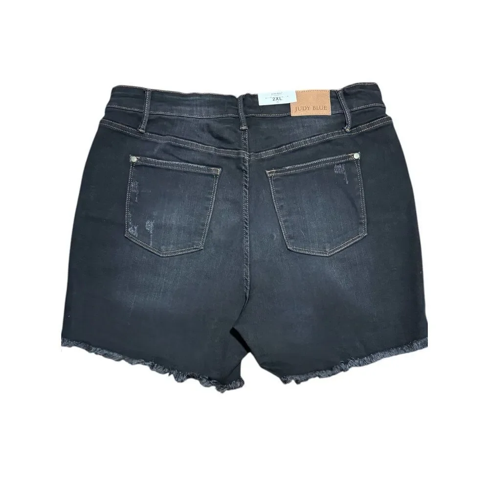 Judy Blue Black Tummy Control Shorts High Rise Fray Hem Plus Size NWT